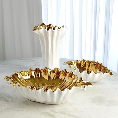 Organic Wave Oval Bowl - White/Gold - Sm